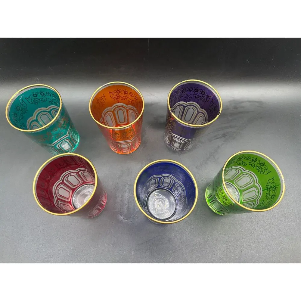 Vintage Moroccan Tea Glasses Set of 6 Jewel Tone Gold Filigree